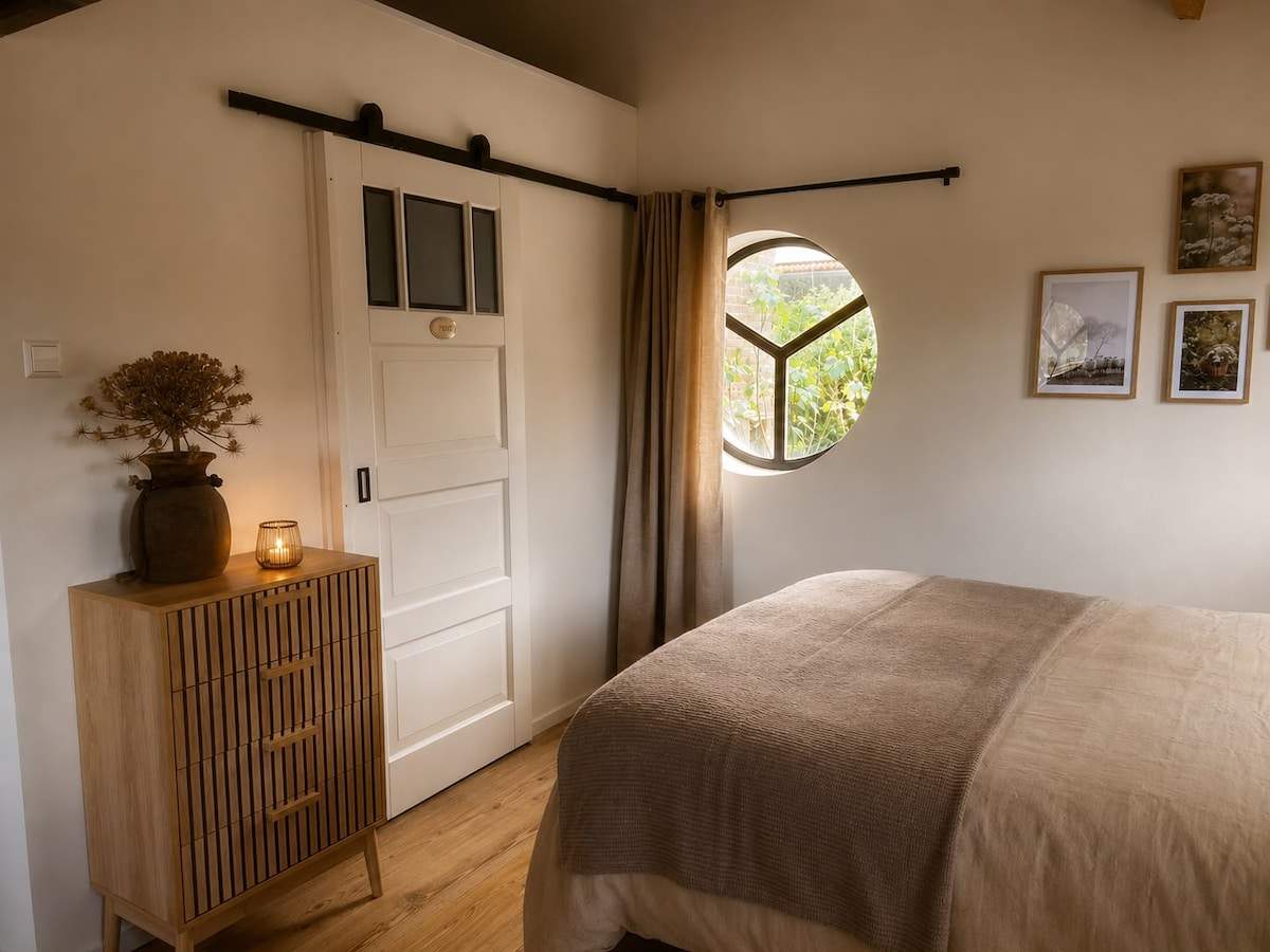 De slaapkamer van de studio met het karakteristieke ronde raam