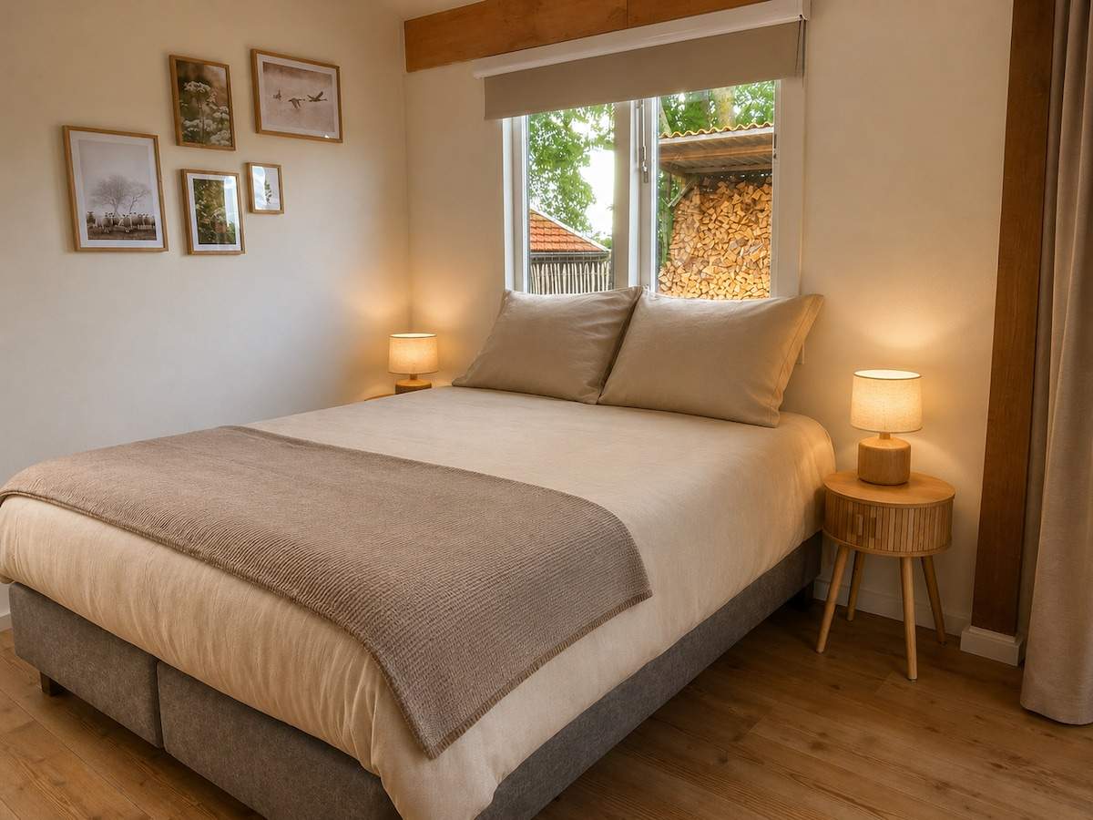 Het comfortabele tweepersoonsbed in de gastenstudio